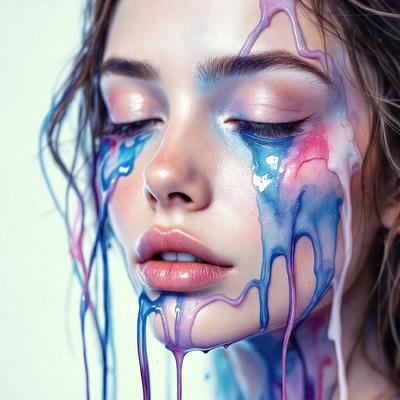 The primary subject of the image is a woman with blue and purple makeup on her face, appearing as if she is crying. The setting is a white background, and the visual style is a digital art or illustration. The dominant colors in the image are blue and purple, creating a moody and dramatic atmosphere.
